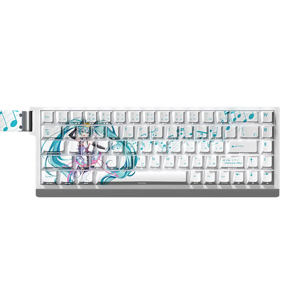 Playful Hatsune Miku PBT dye-sub keycaps set for mechanical keyboards, showcasing vibrant teal and pink digital pop art from a side-lit angle, highlighting setup.