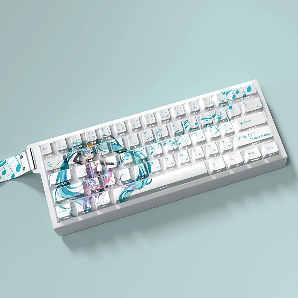 Exclusive Hatsune Miku PBT dye-sub keycaps set for keyboards, showcasing vibrant teal and art with a side-lit design from a new angle.