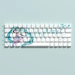 Playful Hatsune Miku PBT dye-sub keycaps set for mechanical keyboards, showcasing vibrant teal and digital pop art in an exclusive side-lit design.