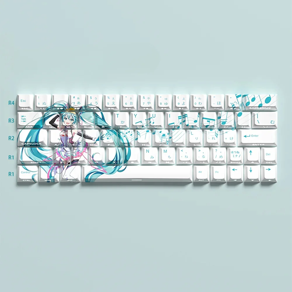 Playful Hatsune Miku PBT dye-sub keycaps set for mechanical keyboards, showcasing vibrant teal and digital pop art in an exclusive side-lit design.
