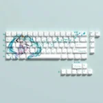 Exclusive Hatsune Miku side-lit 74-key PBT dye-sub keycaps set in vibrant teal and digital pop art, designed for 60-68% mechanical keyboards.