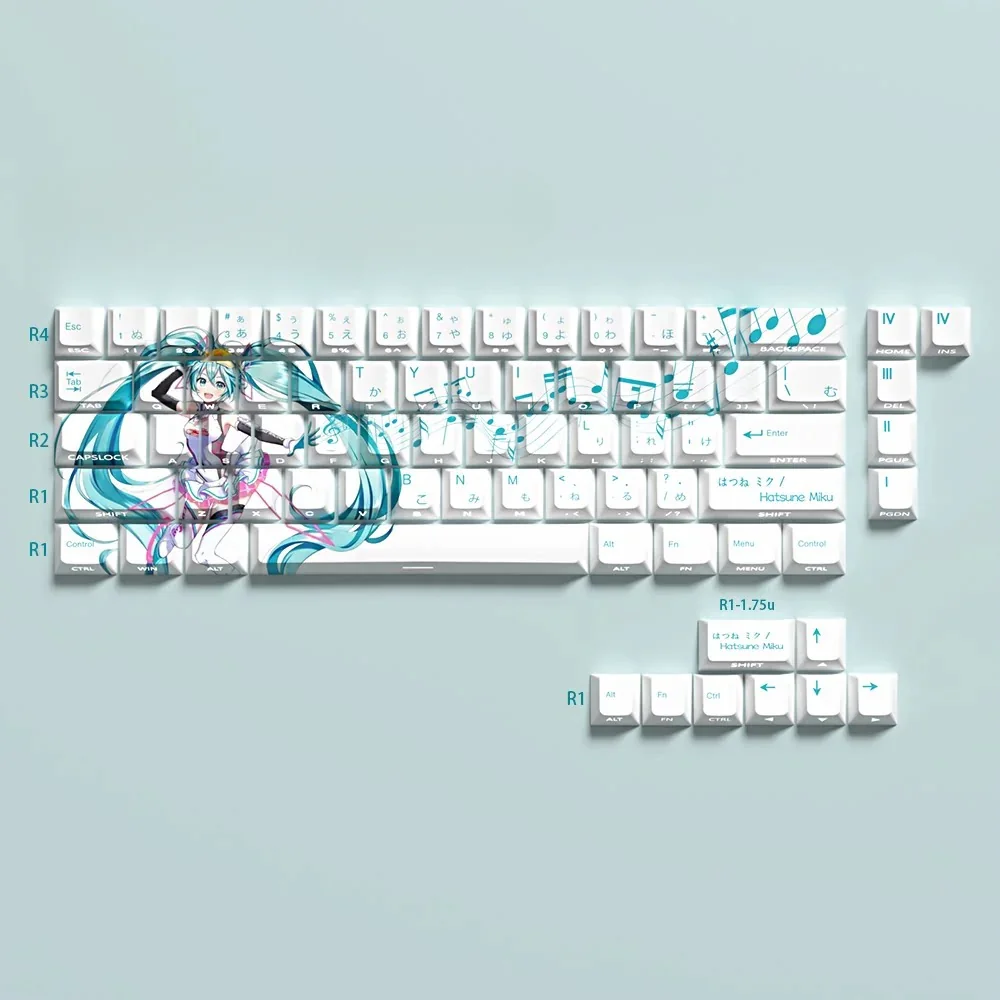 Exclusive Hatsune Miku side-lit 74-key PBT dye-sub keycaps set in vibrant teal and digital pop art, designed for 60-68% mechanical keyboards.