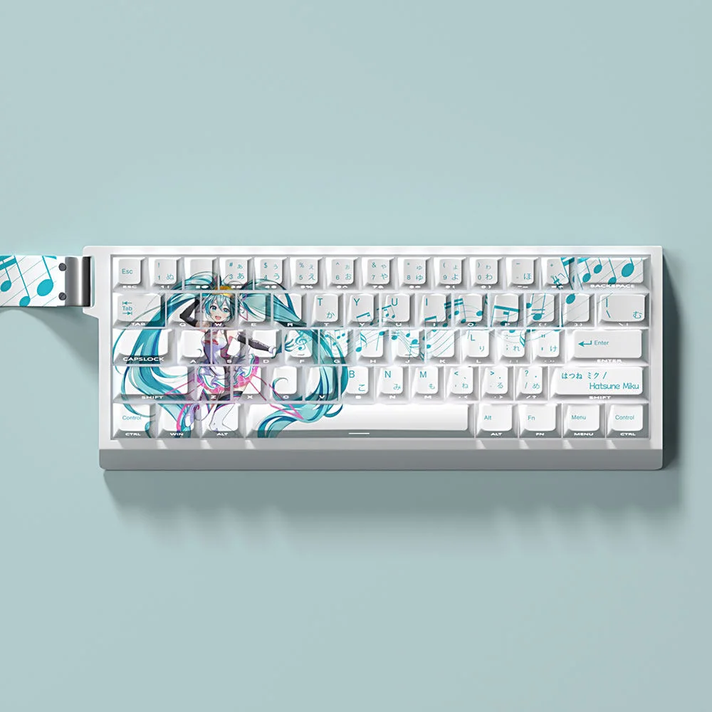 Vibrant Hatsune Miku PBT Dye-Sub Keycaps Set for mechanical keyboards, showcasing an exclusive set with iconic teal and pink digital pop art, perfect for fans.