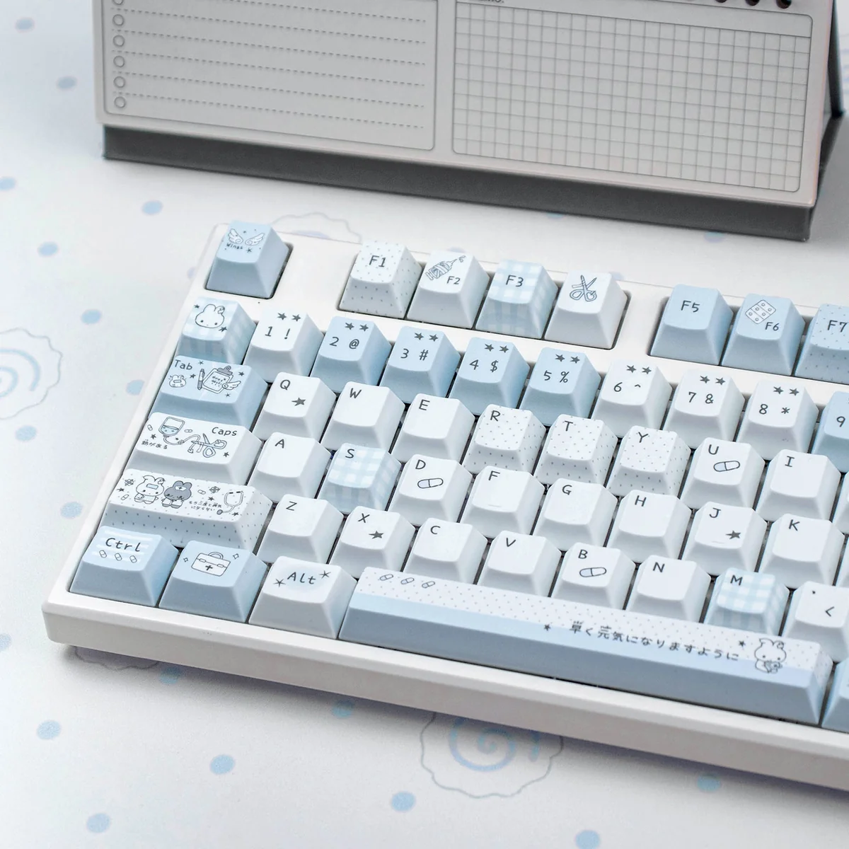 Aqua Diary keycaps set: serene watercolor PBT Cherry , highlighting soft aqua, pastel tones, durable PBT, and ergonomic comfort from various angles.