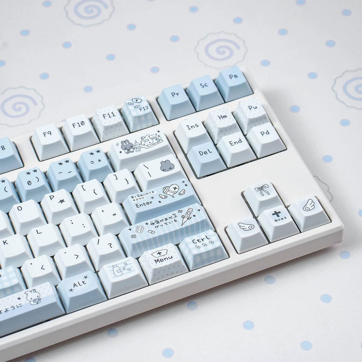 Aqua Diary PBT Cherry keycaps set gallery. Serene watercolor aesthetic: soft aqua, pastel tones. Durable, comfortable, artistic.