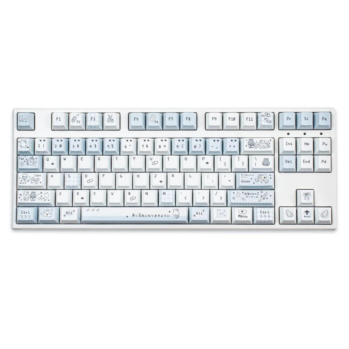 Aqua Diary keycaps set, detailed view: serene watercolor aesthetic, soft aqua and pastel tones. Durable PBT Cherry profile highlights the tranquil, artistic design.