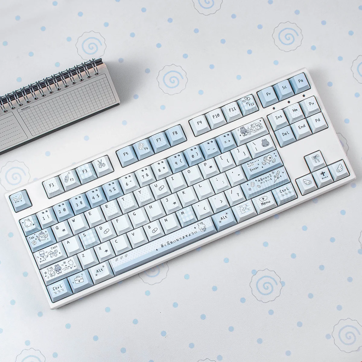 Aqua Diary keycaps set: Serene PBT Cherry profile set. Soft aqua watercolor pastels, durable, artistic for tranquil comfort, diary aesthetic.