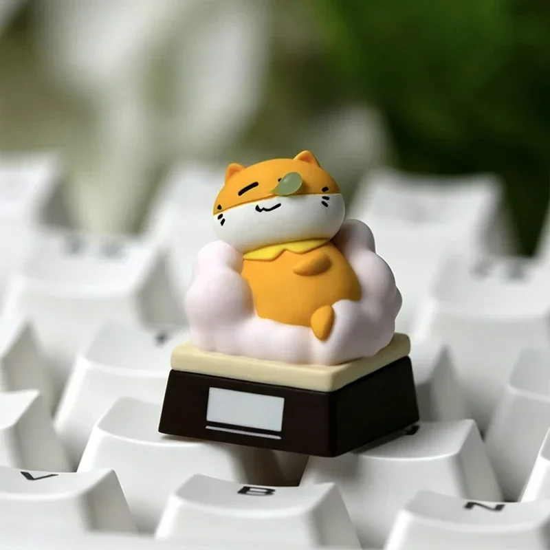 Close-up views of playful artisan cat keycaps, handcrafted in resin, depicting anthropomorphic felines in relatable work moods from multiple angles.