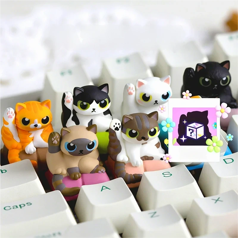 Showcasing a unique handcrafted resin artisan cat keycap for ESC, a whimsical cleaning cat character with vibrant, playful details.