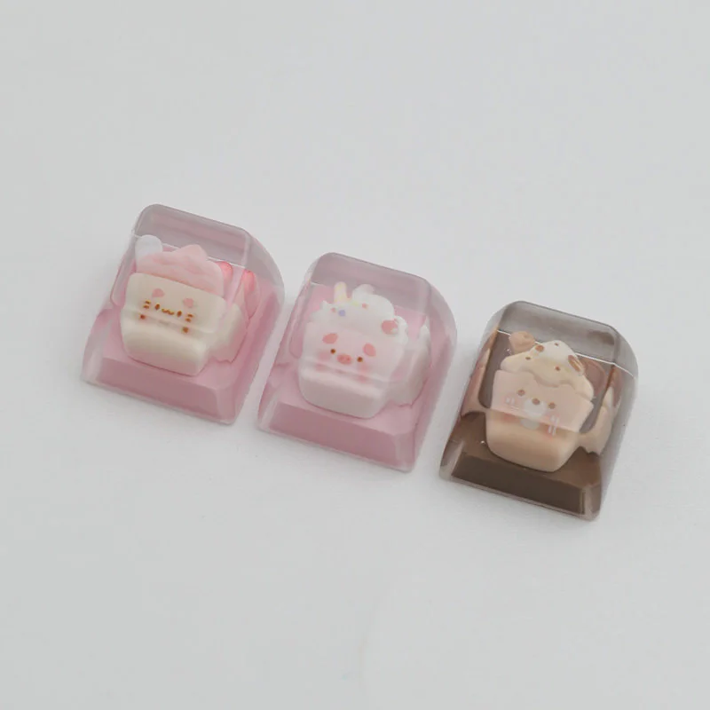 A playful, handcrafted resin animal sundae artisan ESC keycap, shown from multiple angles to highlight its vibrant colors and charming, intricate design.