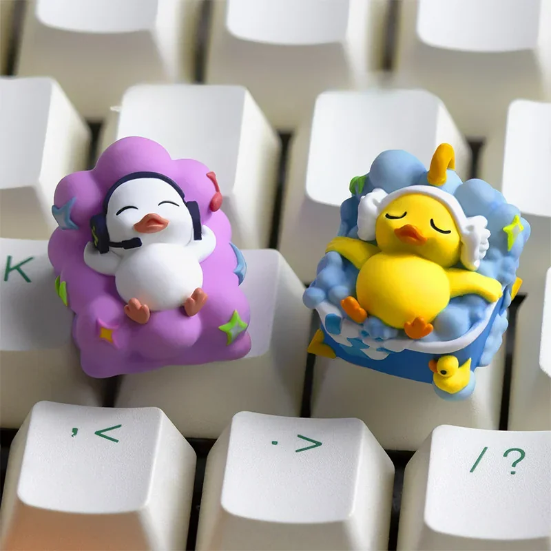 A detailed view of the whimsical handcrafted Lying Flat Duck Artisan Resin ESC Keycap, highlighting its unique design and vibrant resin from a different angle.