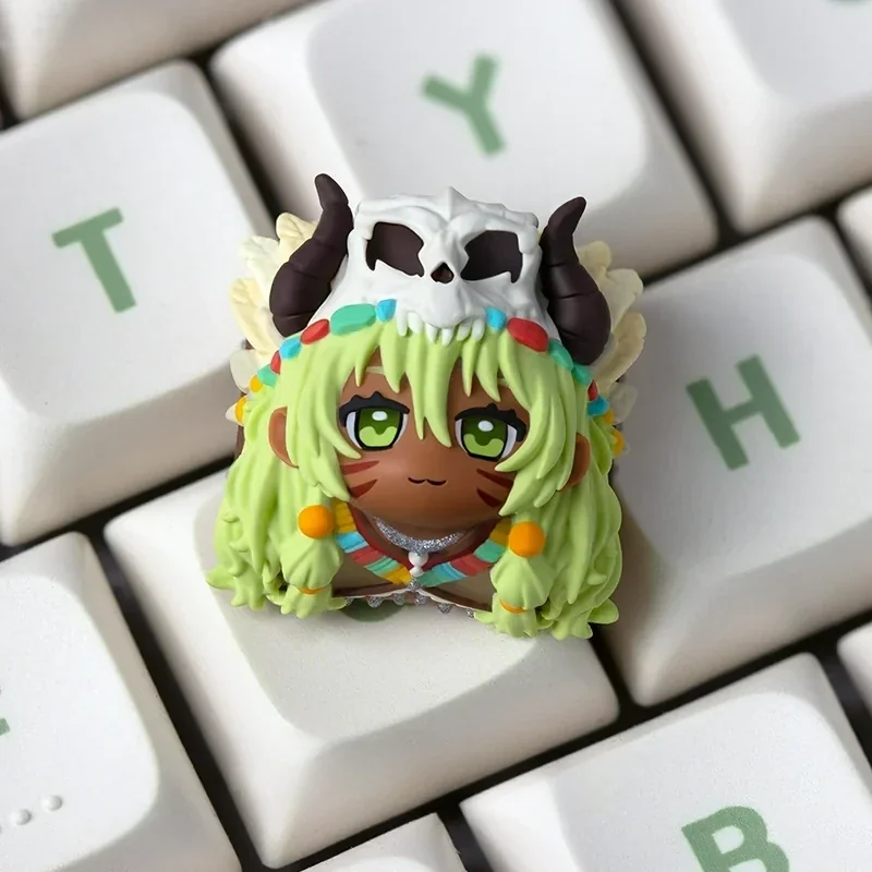 Close-up of a unique handcrafted tribal Matata artisan resin keycap for ESC, featuring vibrant earthy tones and exotic patterns, showcasing exquisite design.