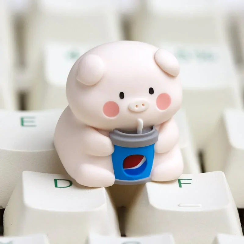 Collection of playful handcrafted resin artisan pig keycaps, showcasing vibrant details of whimsical pigs enjoying snacks from various angles.