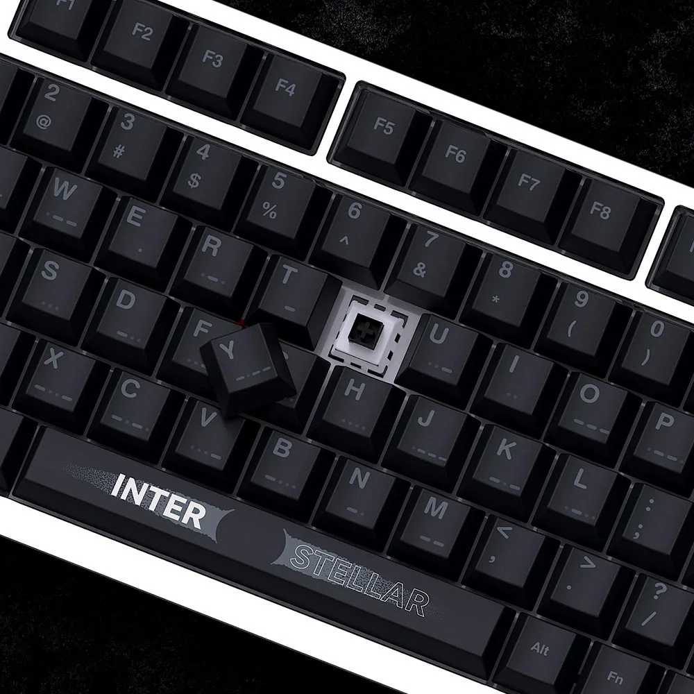 Product image gallery showcasing the Interstellar PBT dye-sub keycaps set from multiple angles, revealing their vibrant cosmic journey theme and durable pbt material.