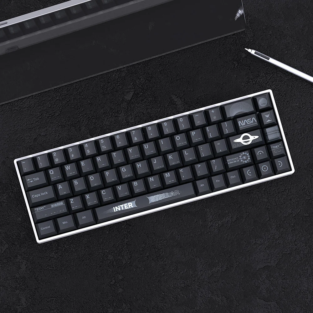 Interstellar PBT Dye-Sub Keycaps Set, Cosmic Journey Set. Durable PBT with vibrant cosmic dye-sub legends from various angles, highlighting futuristic design.