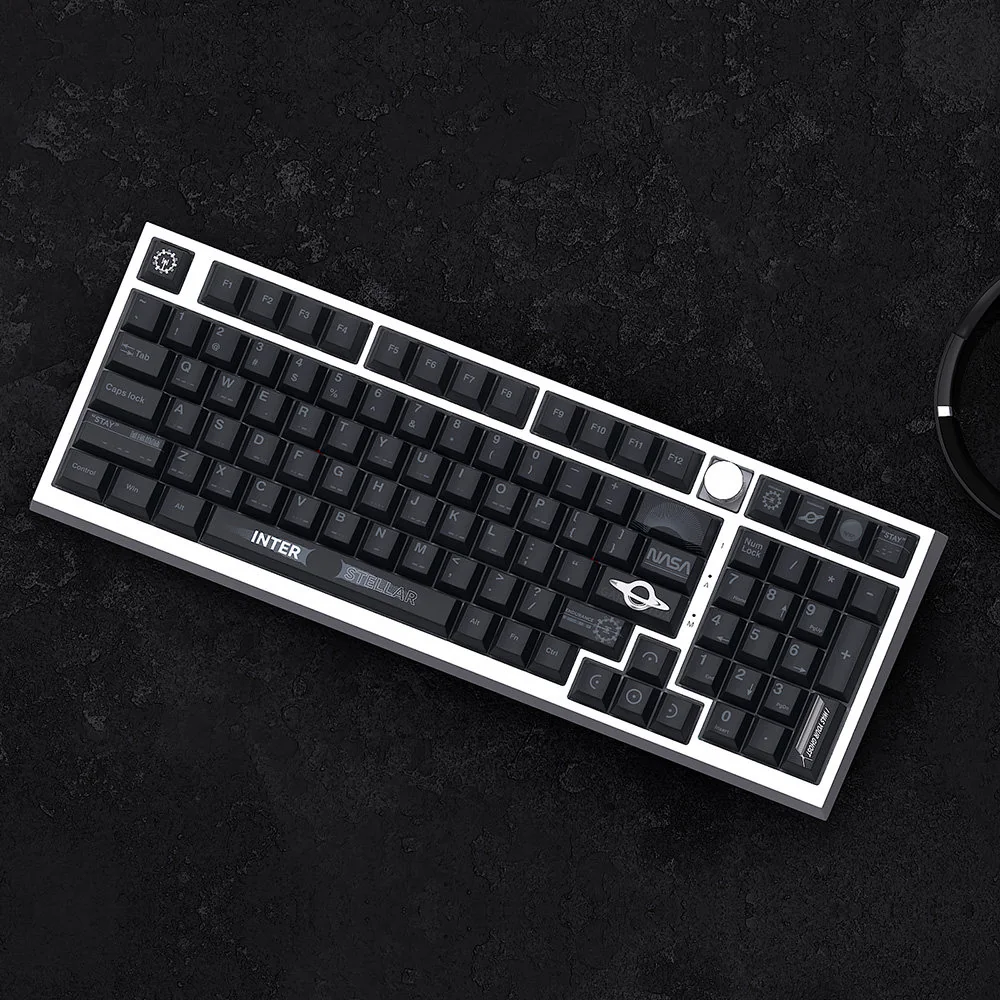 Interstellar PBT Dye-Sub Keycaps Set, Cosmic Journey. Showcasing durable PBT and sharp dye-sub legends across multiple views, reflecting a premium sci-fi design.