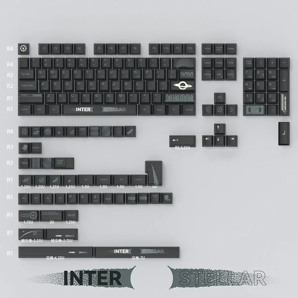 Explore the Interstellar PBT Dye-Sub Keycaps Set Cosmic Journey Set from multiple angles, highlighting their durable construction and vibrant, futuristic design.
