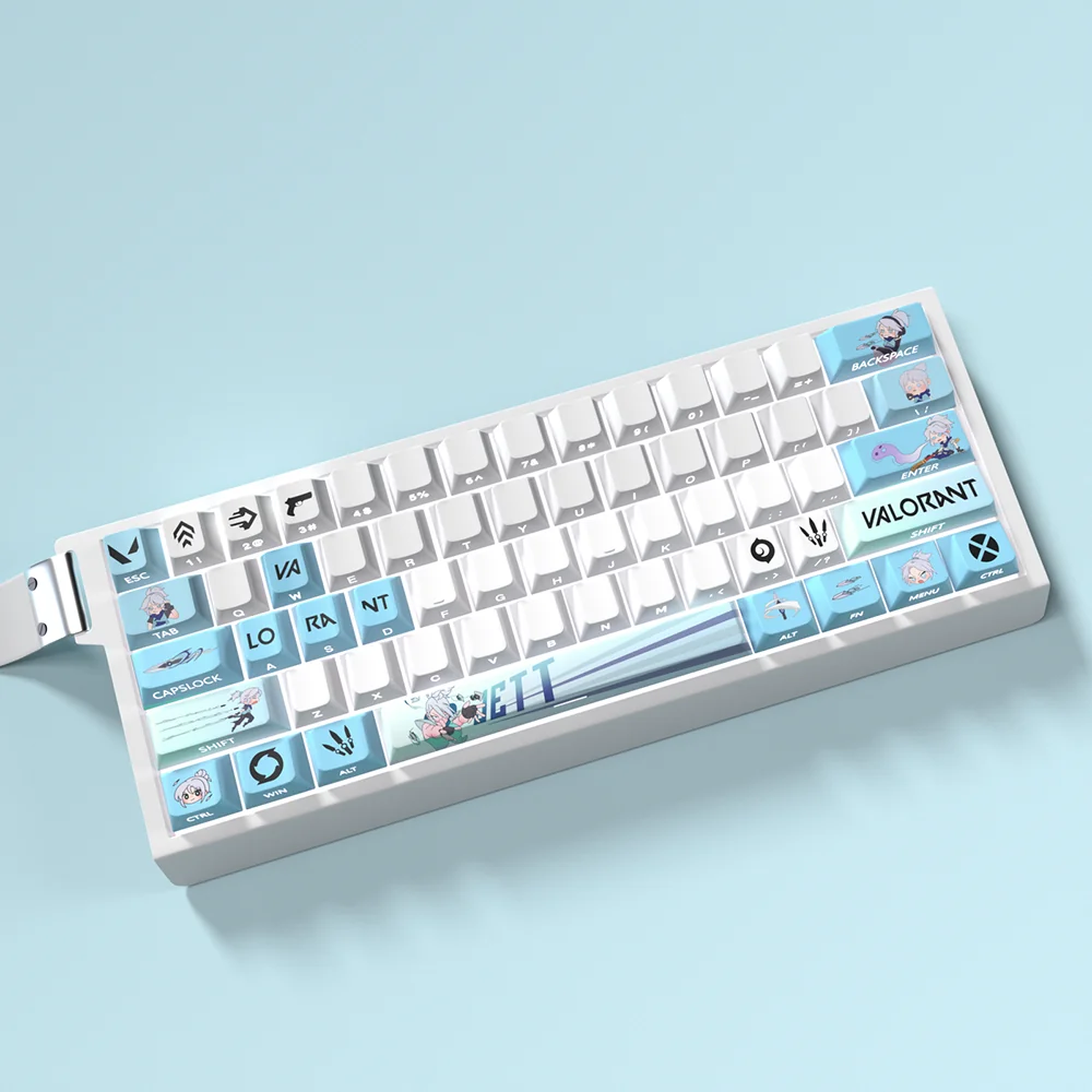 Playful Valorant Jett PBT keycaps set for gaming, showcasing dynamic blue and white wind motifs from multiple angles, perfect for RGB keyboards.