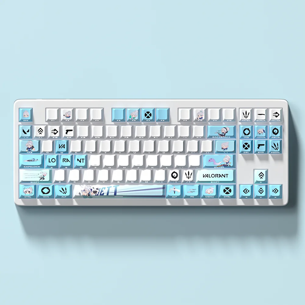 Playful Valorant Jett PBT gaming keycaps set, featuring dynamic Jett-inspired colors and sleek wind motifs from various angles, optimized for RGB keyboard.