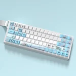Playful gallery views of the Valorant Jett PBT keycaps set, highlighting Jett-inspired colors and sleek wind motifs, optimized for RGB gaming.