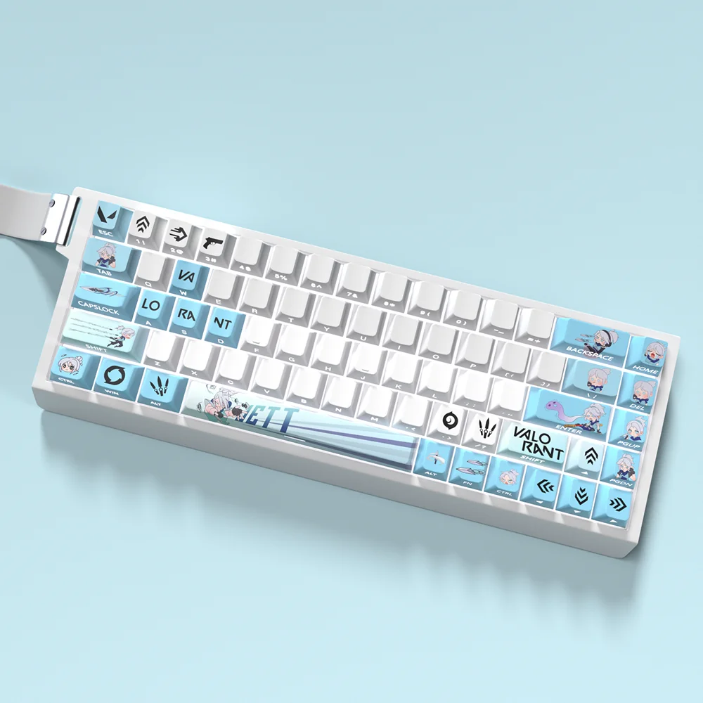 Playful gallery views of the Valorant Jett PBT keycaps set, highlighting Jett-inspired colors and sleek wind motifs, optimized for RGB gaming.