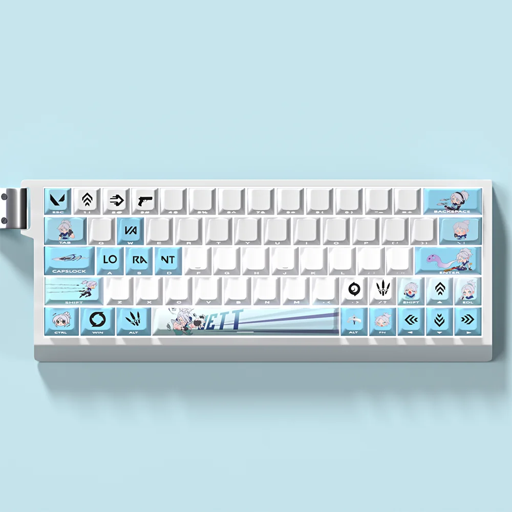 Exclusive Valorant Jett PBT keycaps set shown from playful angles, highlighting vibrant Jett-inspired colors and sleek wind motifs, perfect for dynamic design.