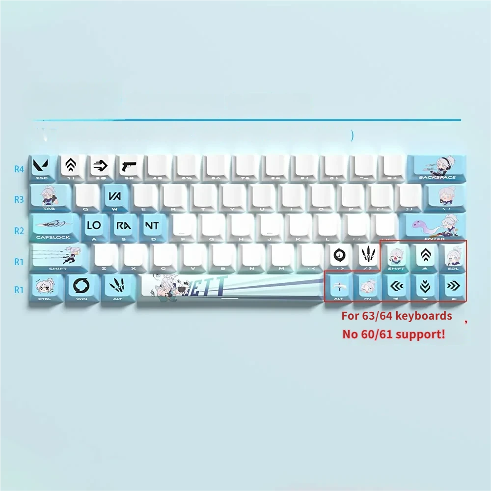 Dynamic Valorant Jett PBT keycaps set for gaming, shown from various angles. Features vibrant Jett colors, sleek wind motifs, optimized for RGB backlight.