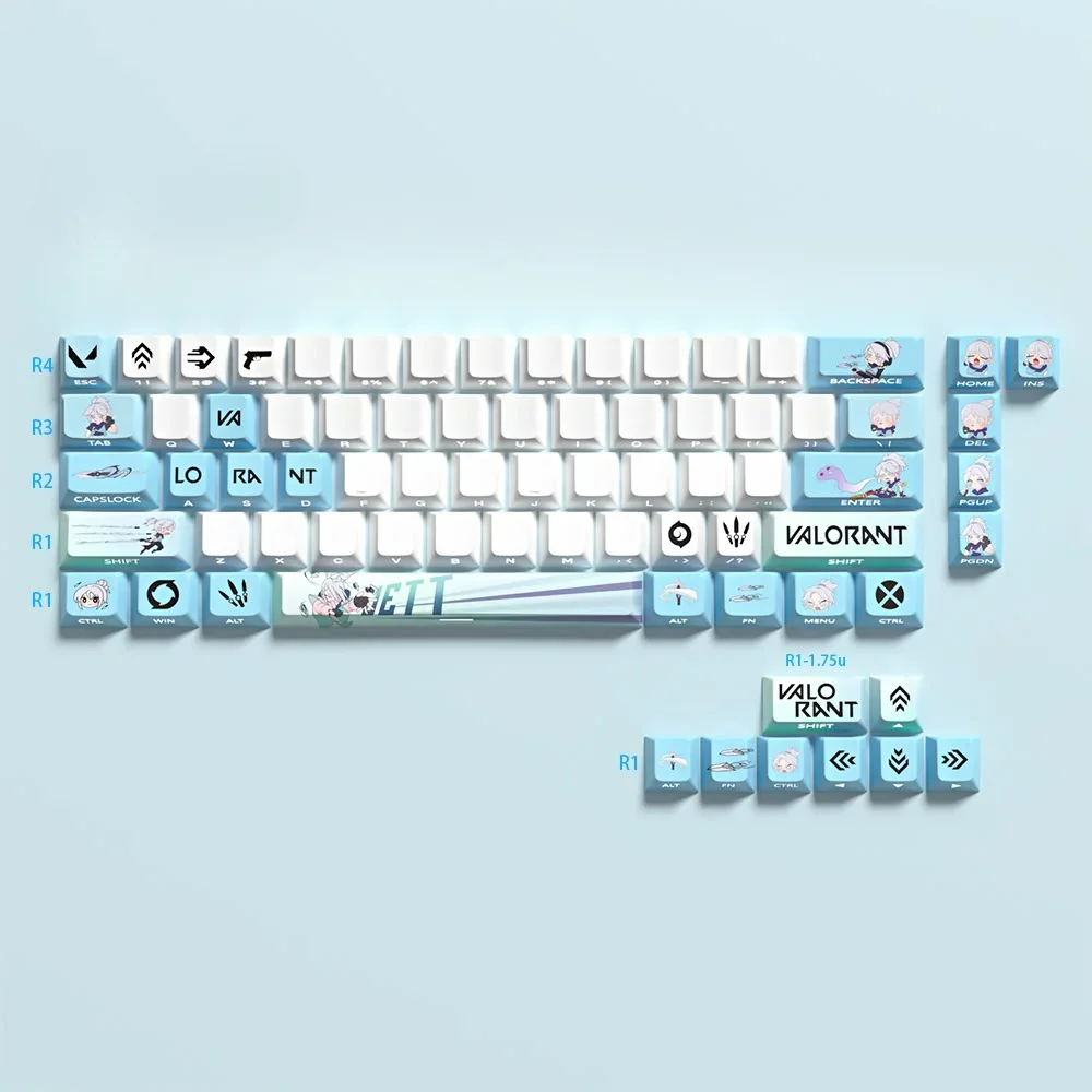 Playful Valorant Jett 74-key PBT keycap set for 60-68% gaming keyboards, featuring dynamic wind motifs and vibrant colors.