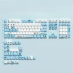 Playful Valorant Jett 140-key PBT keycap set, featuring side-transparent legends glowing with RGB, capturing Jett's dynamic style.