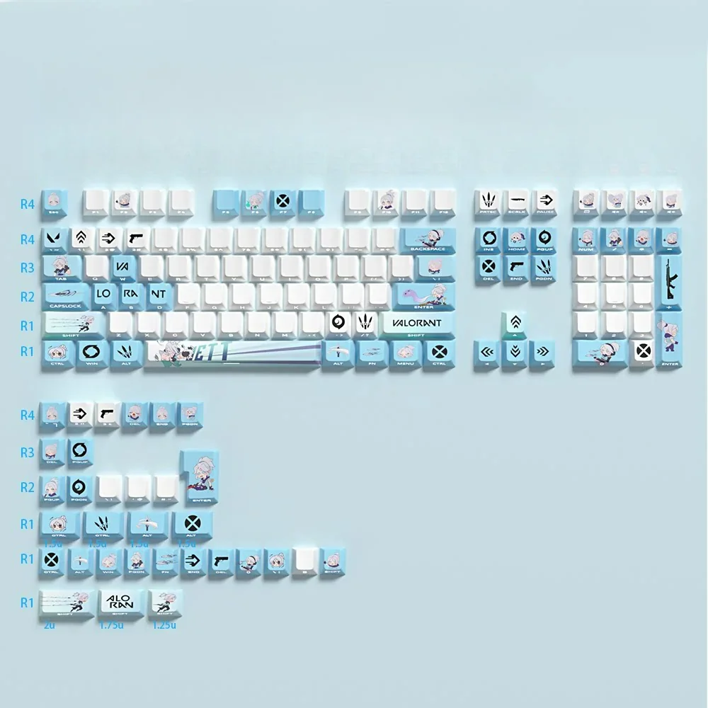 Playful Valorant Jett 140-key PBT keycap set, featuring side-transparent legends glowing with RGB, capturing Jett's dynamic style.