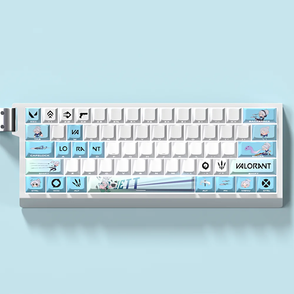 Playful Valorant Jett PBT keycaps set for gaming, showcasing dynamic Jett-inspired colors and sleek wind motifs, perfect for RGB backlit keyboards.