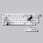 Asuka Langley Soryu side-lit PBT keycap set. Multiple artistic angles show vibrant design, sleek legends, and futuristic anime aesthetic.