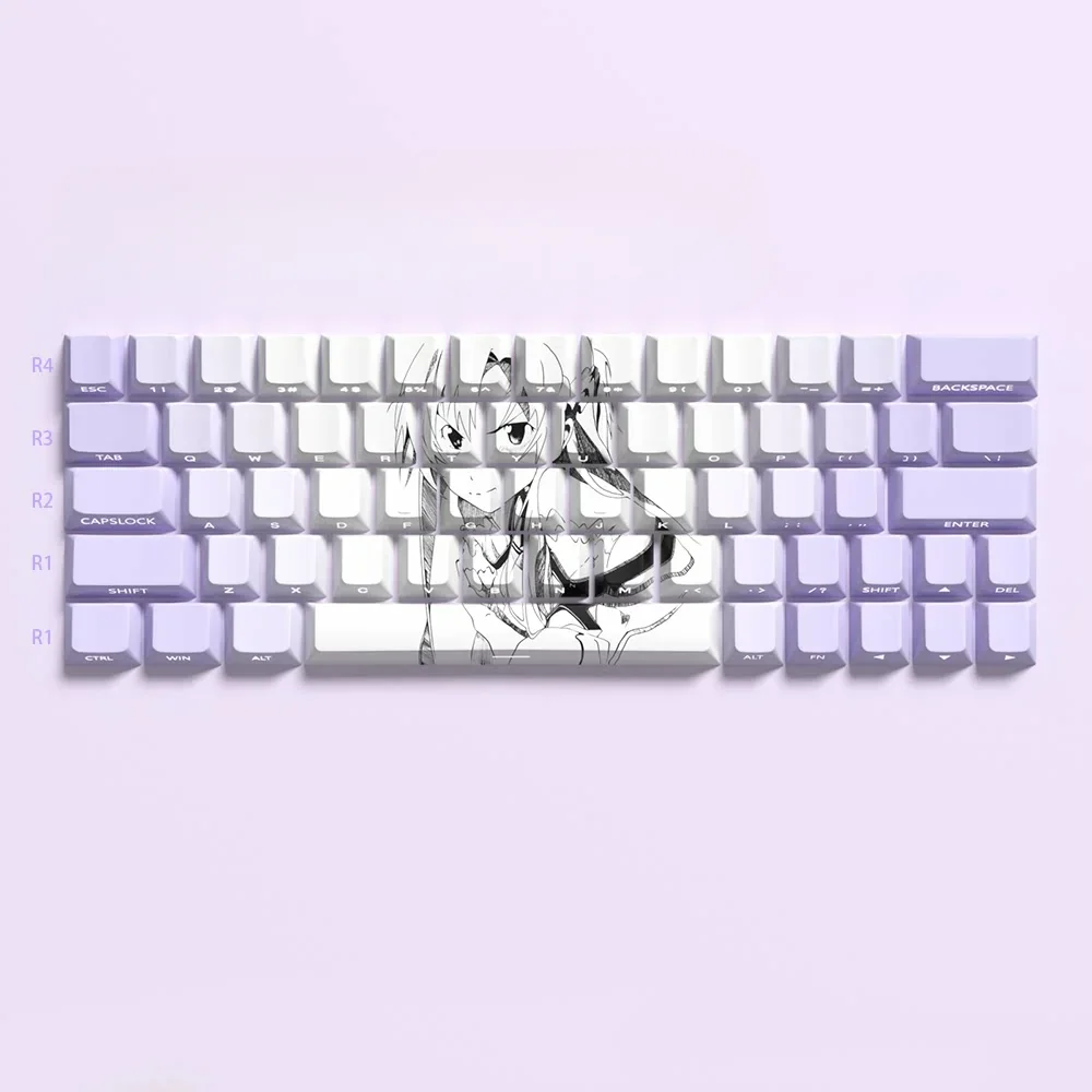 Asuna keycaps set: PBT Heroic Spirit Set, angled to display vibrant purple Asuna art and side-transparent legends, highlighting premium anime aesthetic design.