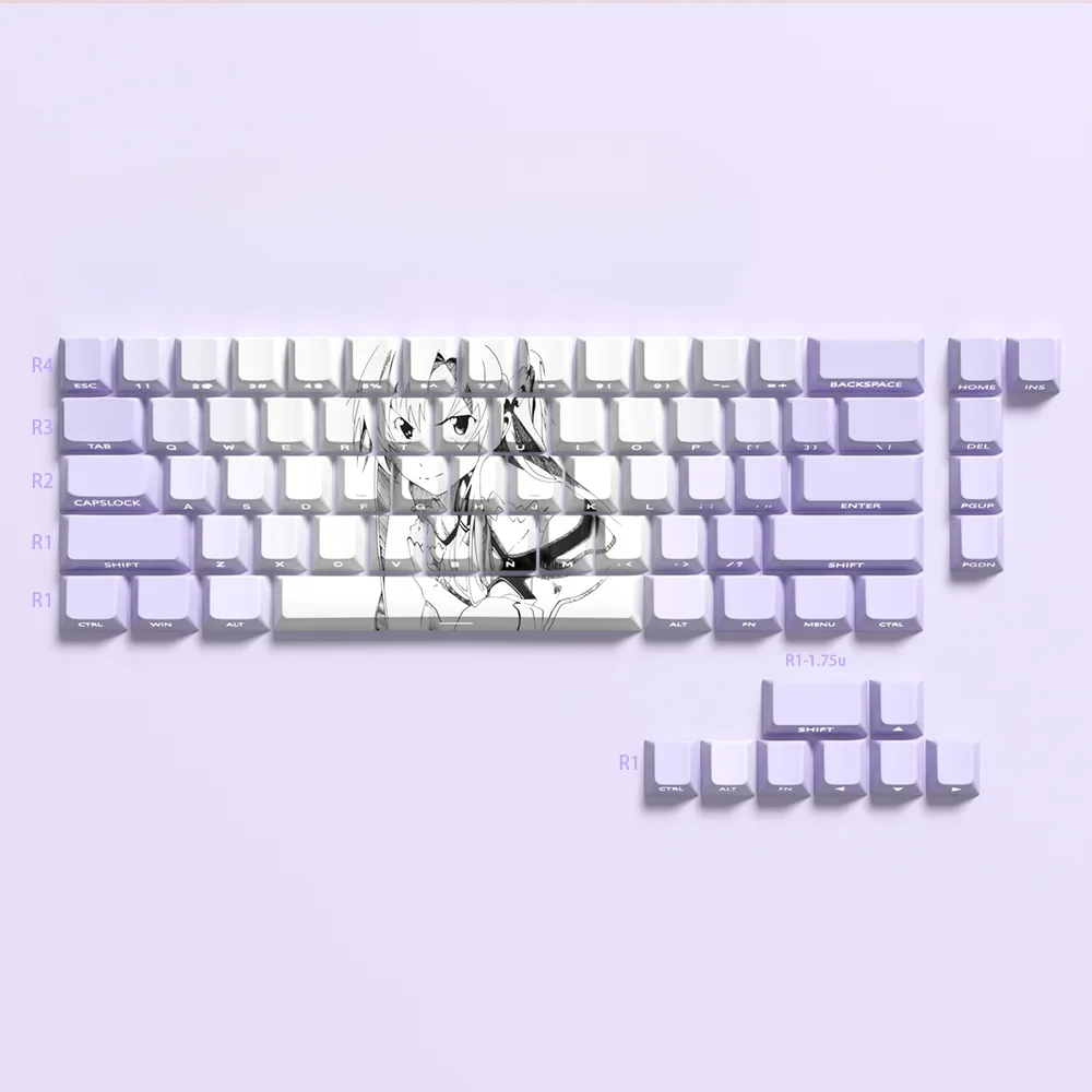 Close-up of the Iconic Asuna SAO PBT Keycaps Heroic Spirit Set, showcasing vibrant purple Asuna character art and crisp side-transparent legends.