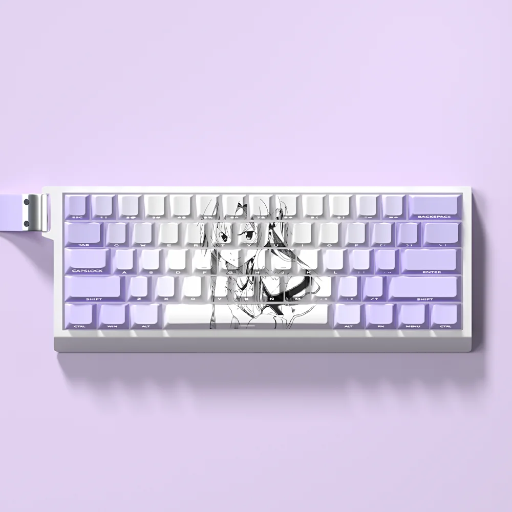 Iconic Asuna SAO PBT keycaps set featuring vibrant purple character art and side-transparent legends, capturing the heroic anime aesthetic.
