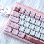 Whimsical Bear Tea Party PBT Keycaps Set, showing close-ups and various angles of the charming pastel bear illustrations and durable PBT quality.