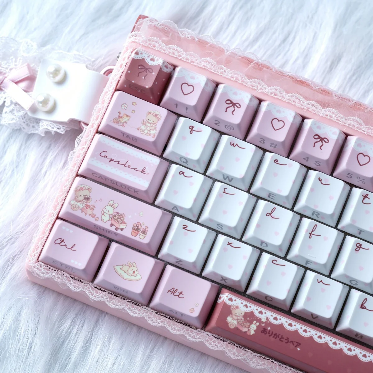 Whimsical Bear Tea Party PBT Keycaps Set, showing close-ups and various angles of the charming pastel bear illustrations and durable PBT quality.