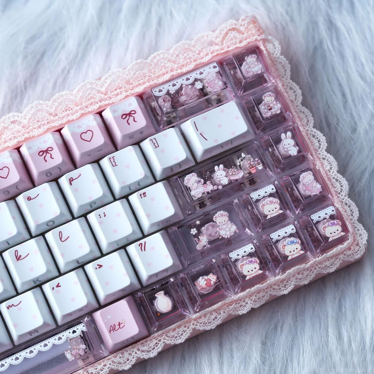 Close-up of a charming PBT keycap set from the Whimsical Bear Tea Party set, showcasing pastel colors and an adorable illustrated bear enjoying a tea party design.