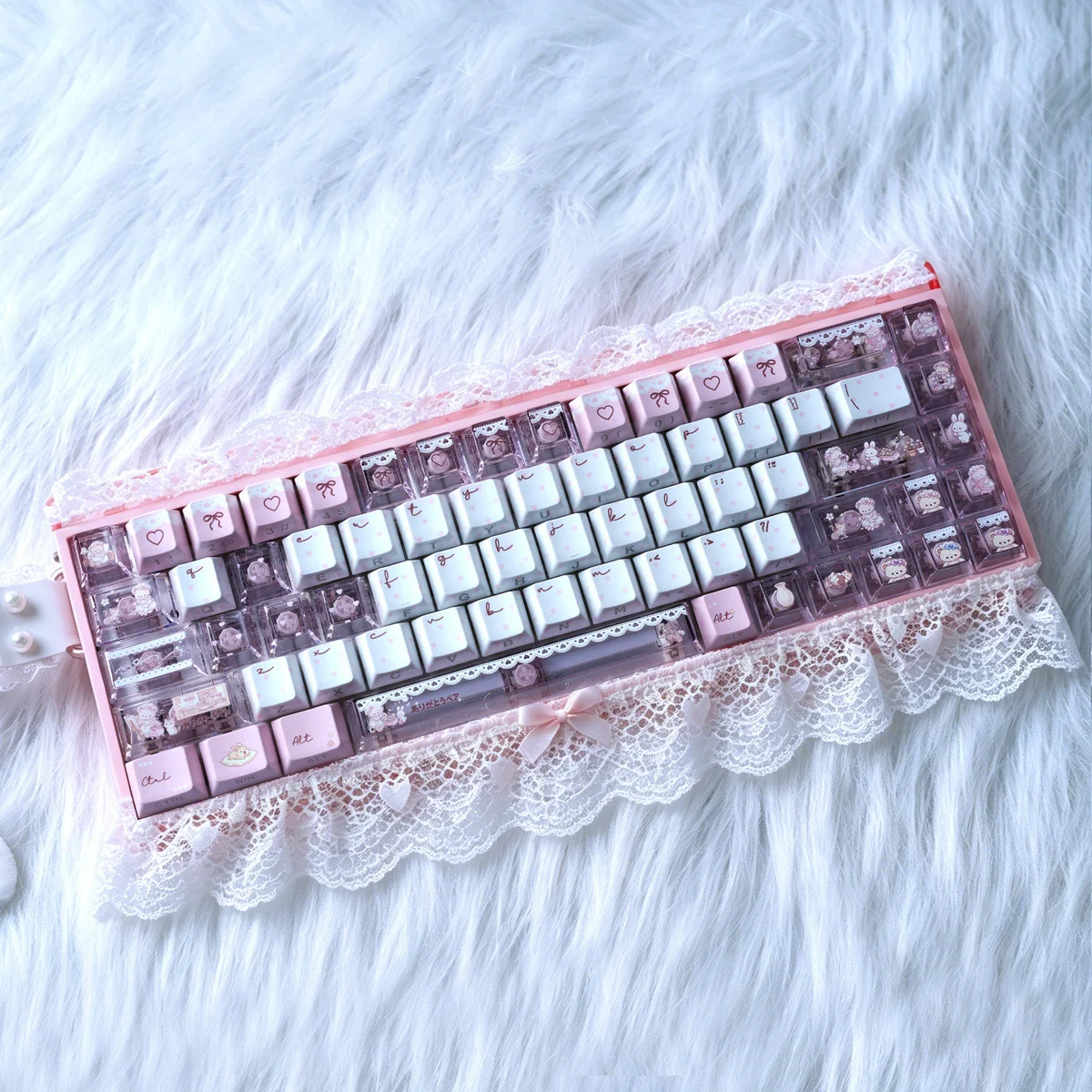 Whimsical Bear Tea Party PBT keycaps set: charming pastel illustrated bears, teacups, and desserts. Durable PBT for a joyful desk setup.