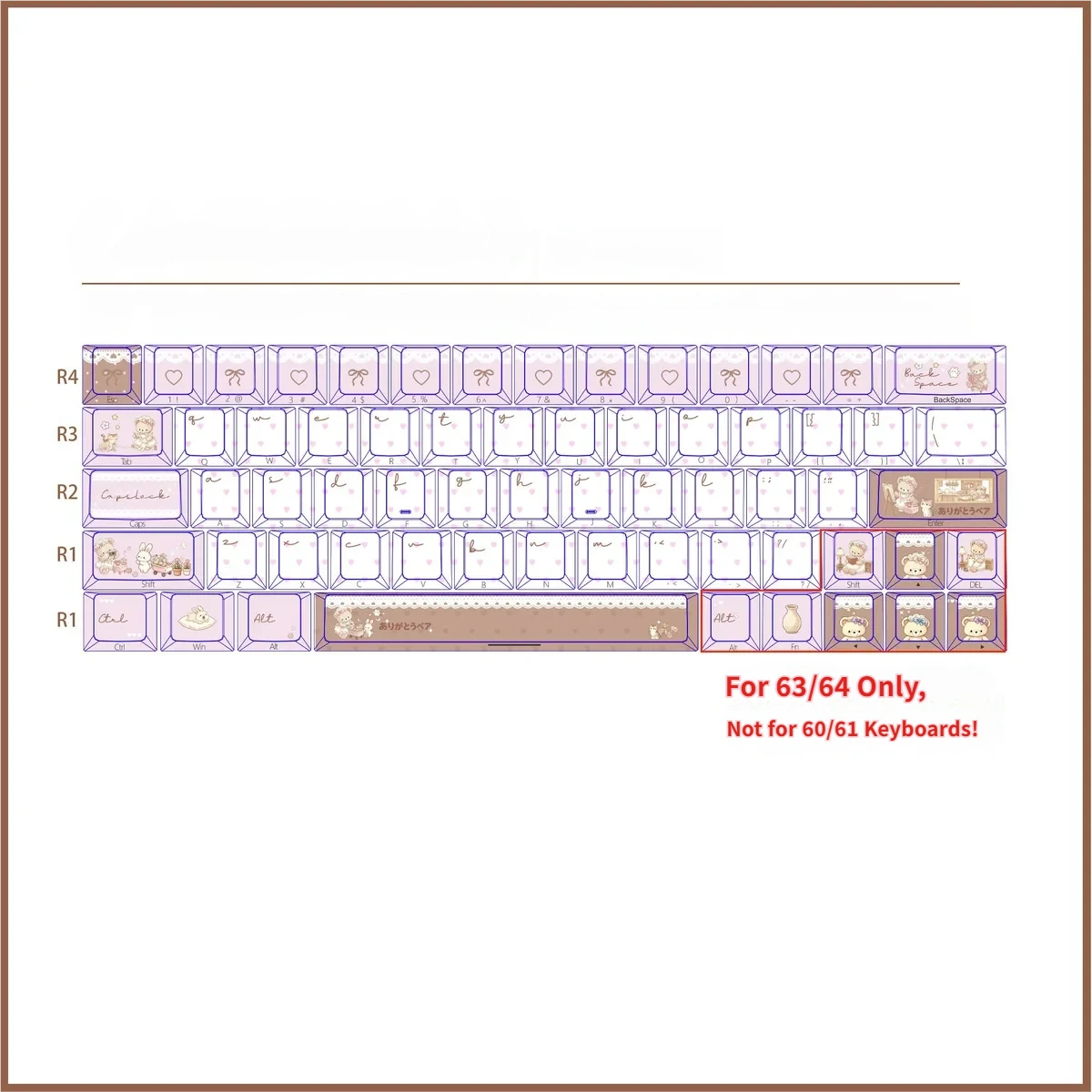 Charming Whimsical Bear Tea Party 64-key PBT keycaps set. Pastel illustrations of playful bears and teacups create a joyful, durable desk aesthetic.