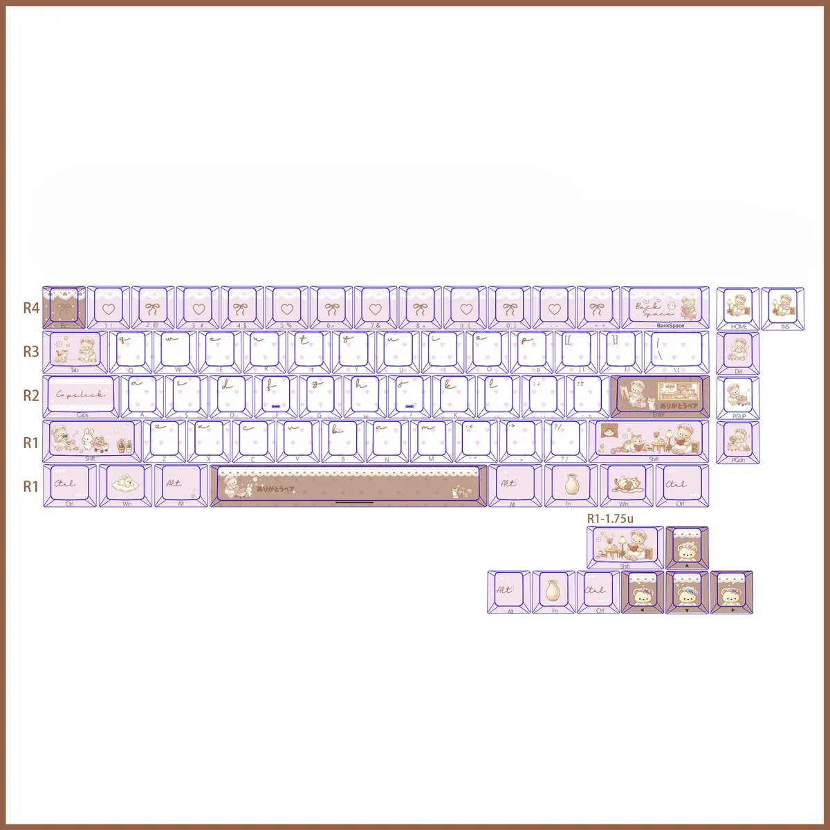 74-key Whimsical Bear Tea Party PBT keycaps set for 60-65-68 keyboards. Pastel keycaps featuring charming illustrated bears and tea party elements.