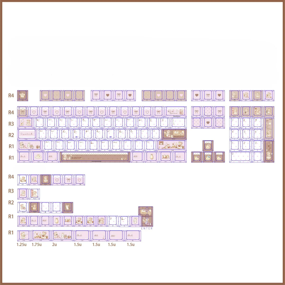 Complete 140-key Whimsical Bear Tea Party PBT keycaps set, featuring charming pastel illustrations for a joyful and durable desk aesthetic.