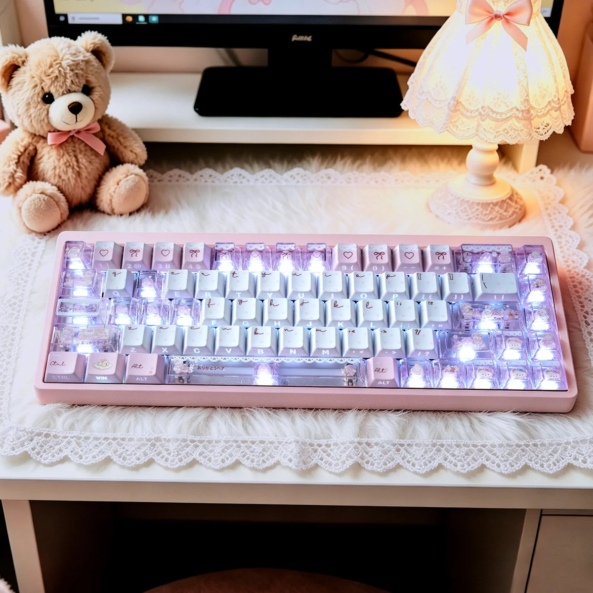 Whimsical Bear Tea Party PBT Keycaps set on a joyful pastel desk, featuring charming illustrated bears enjoying a tea party. Durable PBT material.