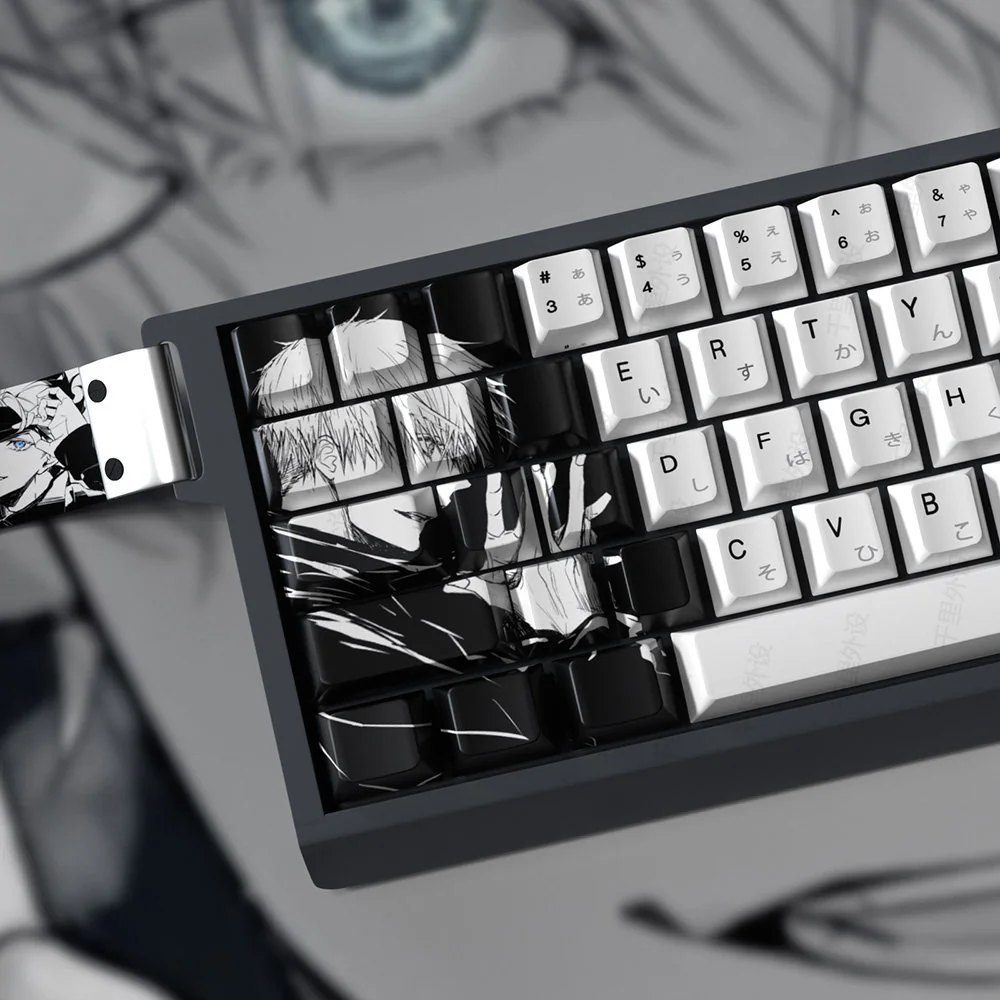 Invincible Power Gojo Satoru PBT dye-sub keycaps set, displayed from a dynamic angle, highlighting their iconic design and sophisticated grey aesthet