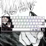 Premium Gojo Satoru PBT dye-sub keycaps, showcasing the sophisticated grey palette and intricate character art from a distinct side angle.