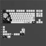Exclusive Gojo Satoru PBT Dye-Sub keycaps, detailed close-up, showcasing iconic grey palette and intricate character art, embodying invincible power.