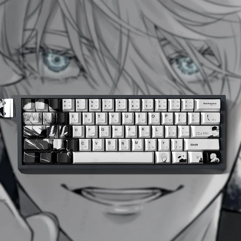 Exclusive Gojo Satoru Keycaps PBT Dye-Sub Set, showcasing iconic Gojo imagery in a sophisticated grey palette for a powerful aesthetic.