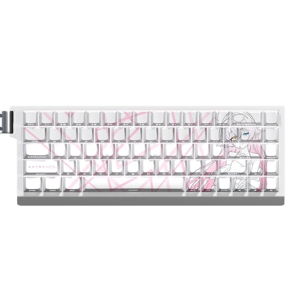 An artistic view of the exclusive Blue Archive Takanashi Hoshino PBT keycaps set, highlighting unique anime character art in soft hues.