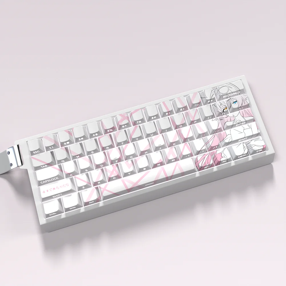 Artistic Blue Archive Takanashi Hoshino PBT keycap set, showcasing exclusive anime character art in soft tones from a detailed angle.
