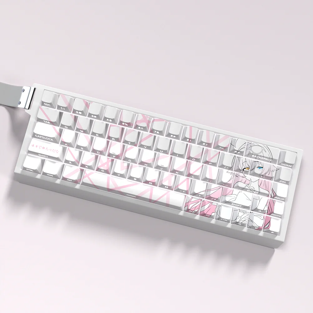 Experience the exclusive Blue Archive Takanashi Hoshino PBT keycaps set, showcasing artistic anime designs in soft hues from various angle.